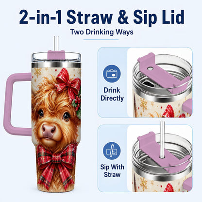 #pl[40oz|Pink] Red Bow Highland Cow 40oz Tumbler with Handle, Christmas Travel Cup