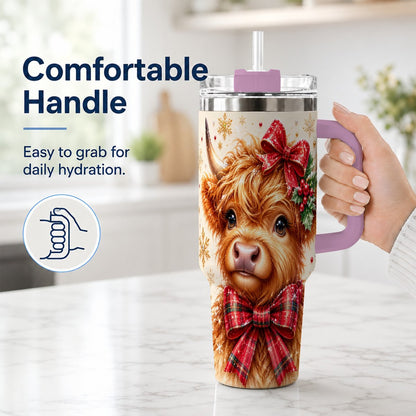 #pl[40oz|Pink] Red Bow Highland Cow 40oz Tumbler with Handle, Christmas Travel Cup