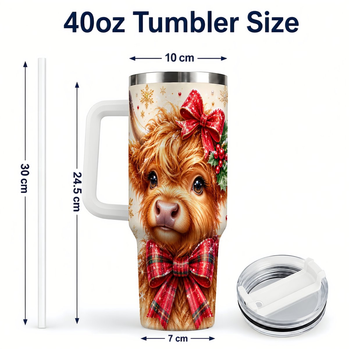 #pl[40oz|White] Red Bow Highland Cow 40oz Tumbler with Handle, Christmas Travel Cup