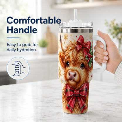 #pl[40oz|White] Red Bow Highland Cow 40oz Tumbler with Handle, Christmas Travel Cup
