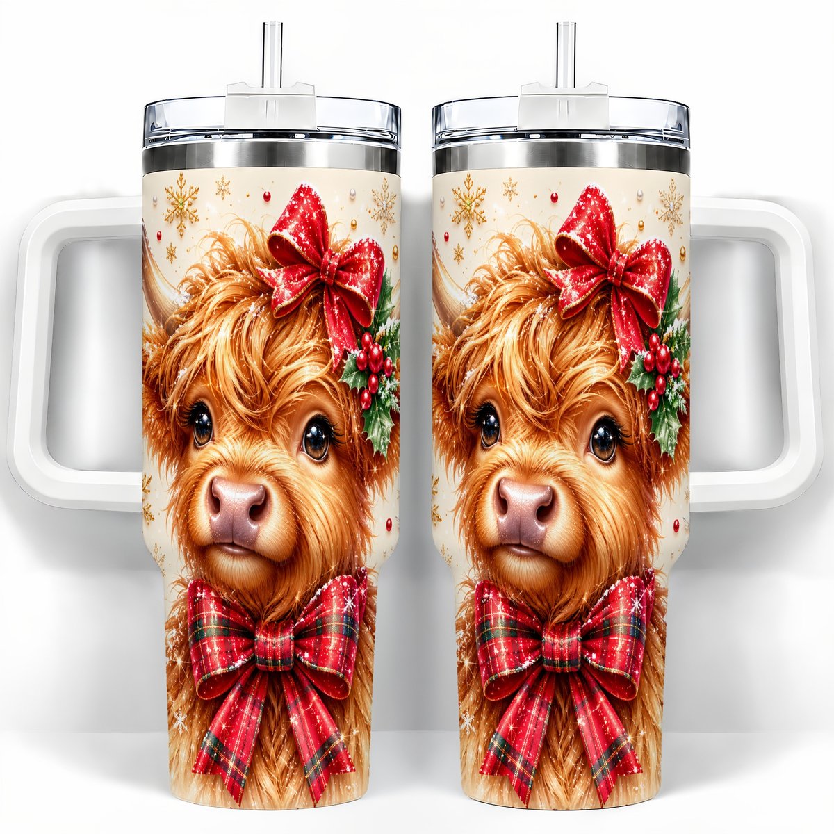 Red Bow Highland Cow 40oz Tumbler with Handle, Christmas Travel Cup