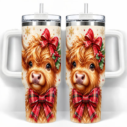 Red Bow Highland Cow 40oz Tumbler with Handle, Christmas Travel Cup
