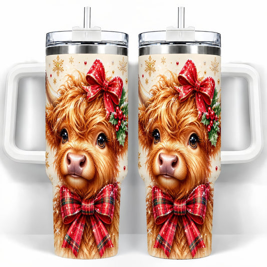 Red Bow Highland Cow 40oz Tumbler with Handle, Christmas Travel Cup