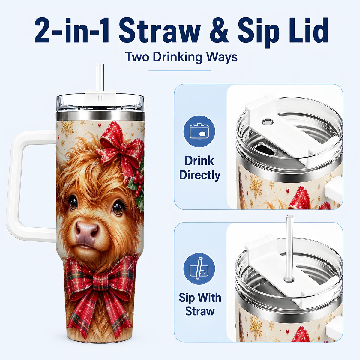#pl[40oz|White] Red Bow Highland Cow 40oz Tumbler with Handle, Christmas Travel Cup