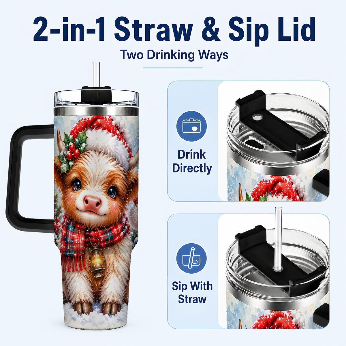 #pl[40oz|Black] Baby Highland Cow 40oz Tumbler with Handle, Christmas Travel Cup