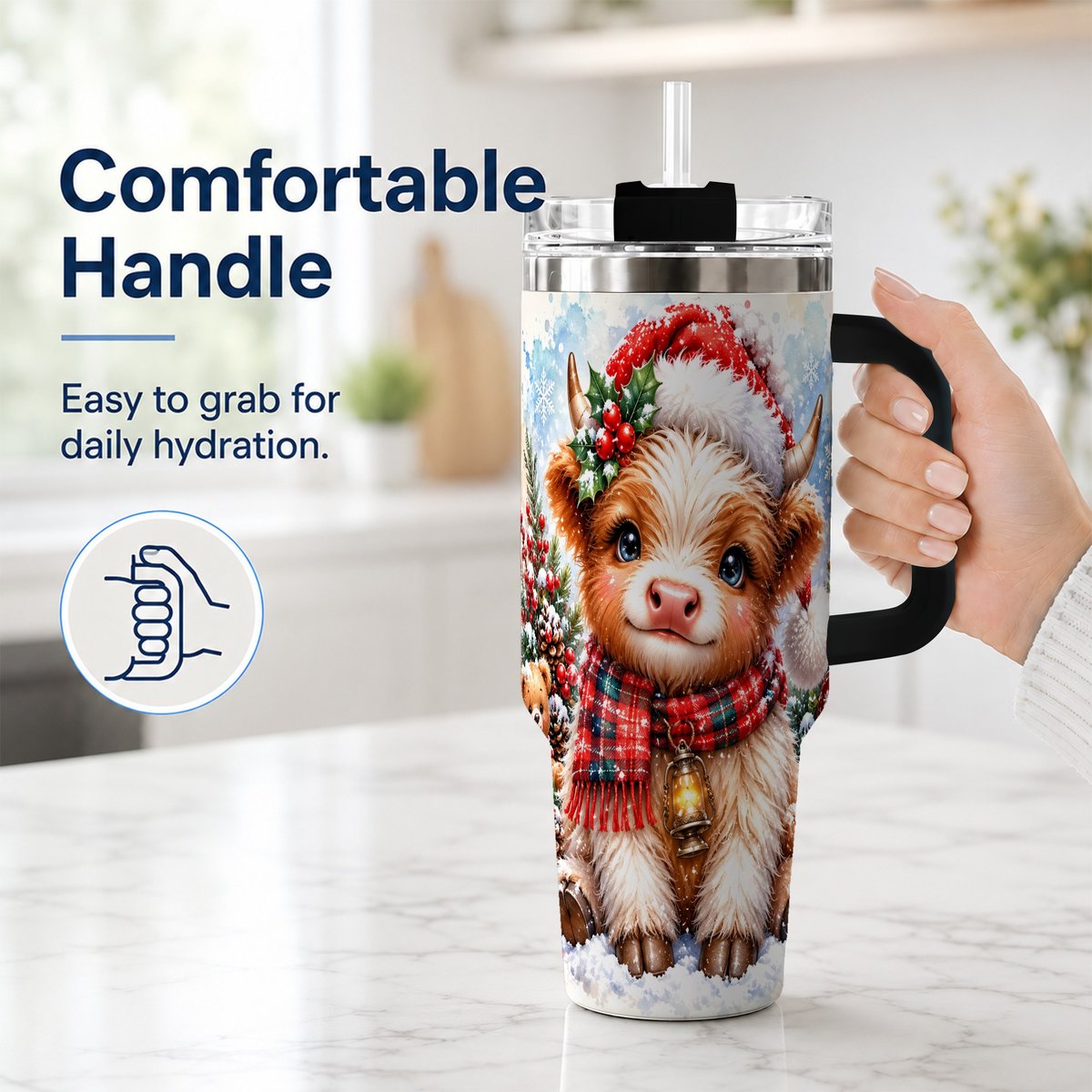 #pl[40oz|Black] Baby Highland Cow 40oz Tumbler with Handle, Christmas Travel Cup