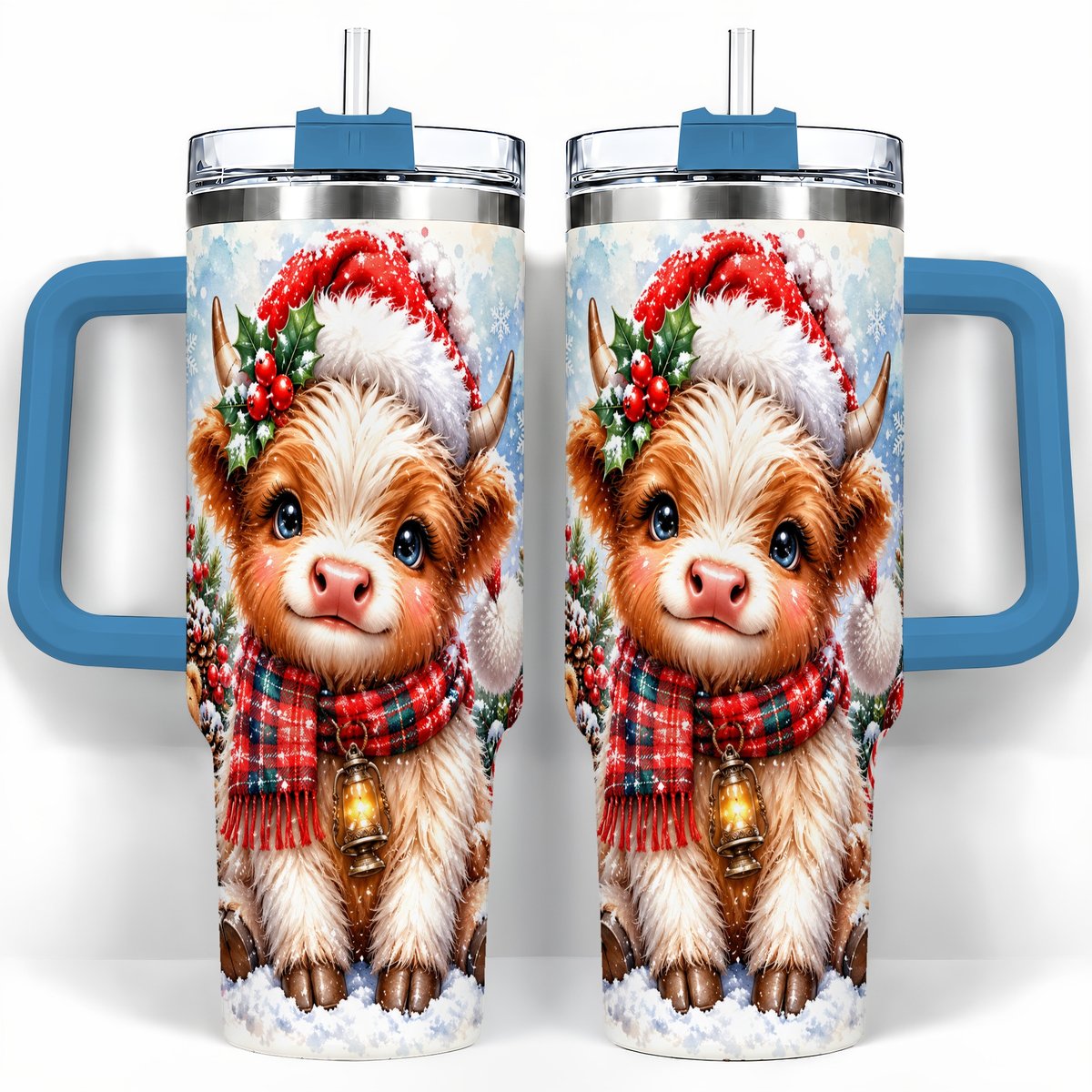 #pl[40oz|Blue] Baby Highland Cow 40oz Tumbler with Handle, Christmas Travel Cup