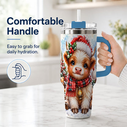 #pl[40oz|Blue] Baby Highland Cow 40oz Tumbler with Handle, Christmas Travel Cup