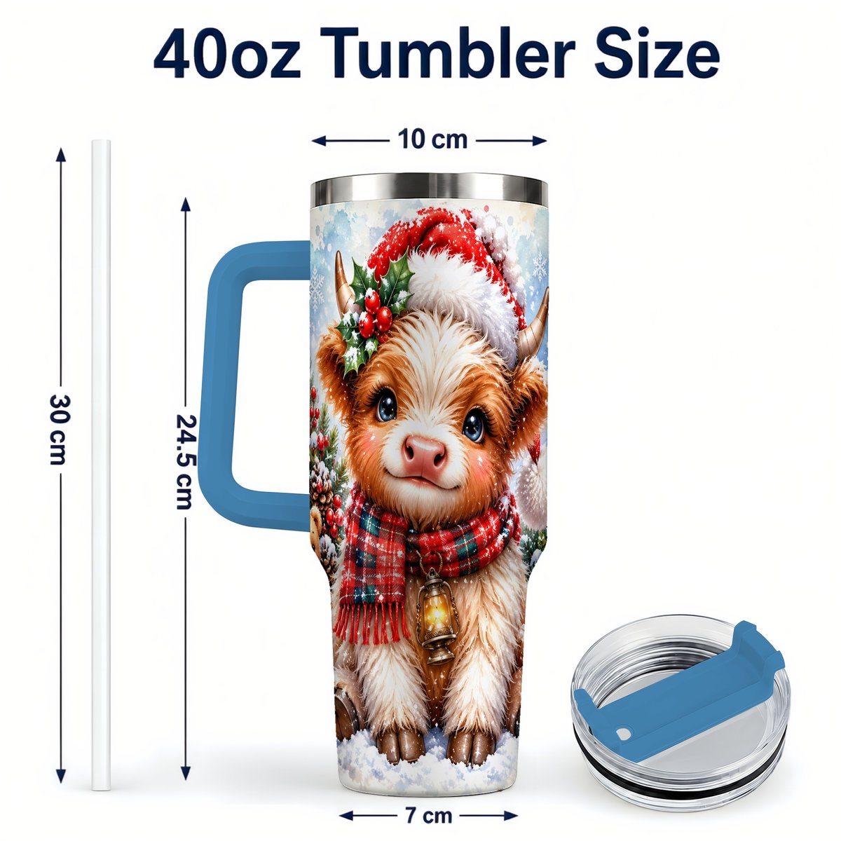#pl[40oz|Blue] Baby Highland Cow 40oz Tumbler with Handle, Christmas Travel Cup