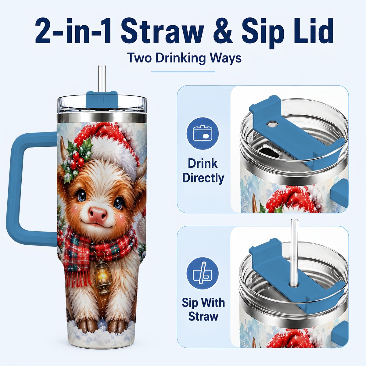 #pl[40oz|Blue] Baby Highland Cow 40oz Tumbler with Handle, Christmas Travel Cup