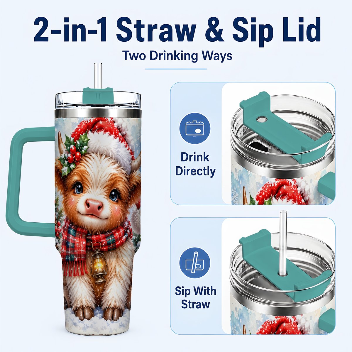 #pl[40oz|Green] Baby Highland Cow 40oz Tumbler with Handle, Christmas Travel Cup