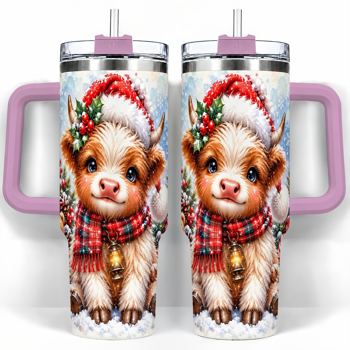 #pl[40oz|Pink] Baby Highland Cow 40oz Tumbler with Handle, Christmas Travel Cup