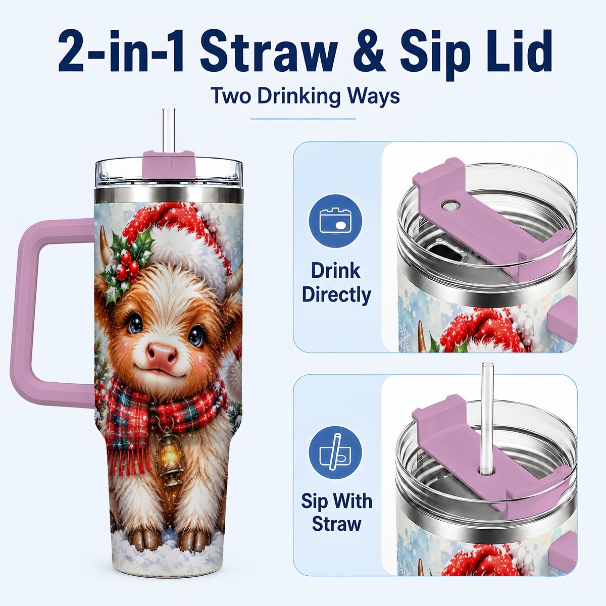 #pl[40oz|Pink] Baby Highland Cow 40oz Tumbler with Handle, Christmas Travel Cup