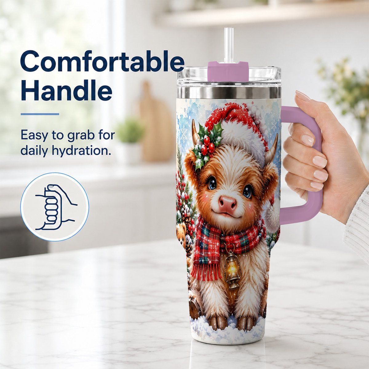 #pl[40oz|Pink] Baby Highland Cow 40oz Tumbler with Handle, Christmas Travel Cup