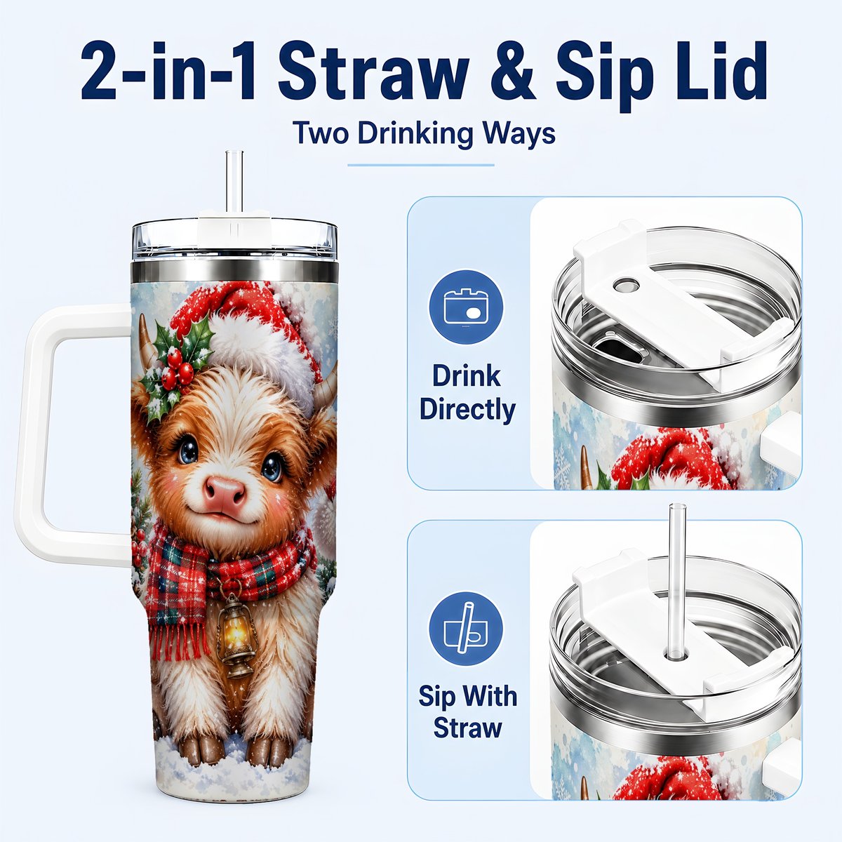 #pl[40oz|White] Baby Highland Cow 40oz Tumbler with Handle, Christmas Travel Cup