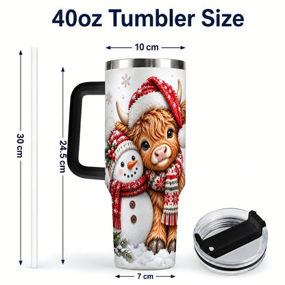 #pl[40oz|Black] Highland Cow Snowman 40oz Tumbler with Handle, Christmas Travel Cup