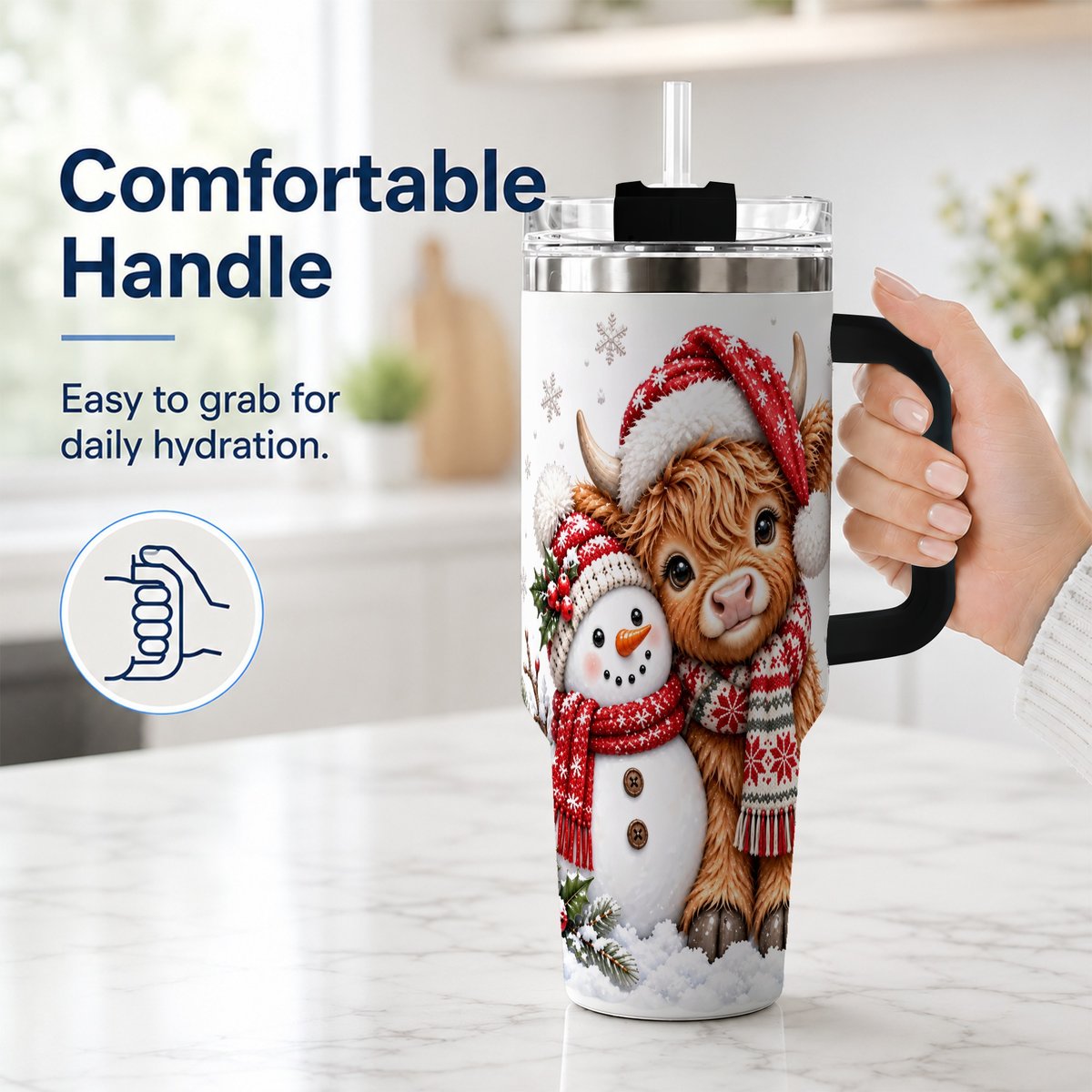 #pl[40oz|Black] Highland Cow Snowman 40oz Tumbler with Handle, Christmas Travel Cup