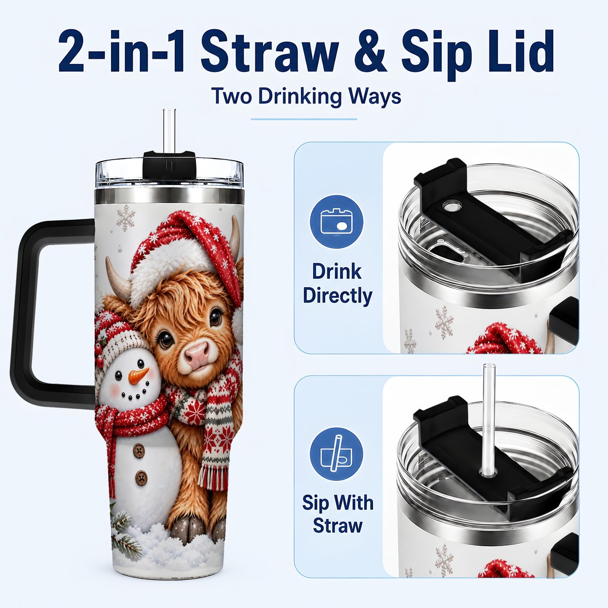 #pl[40oz|Black] Highland Cow Snowman 40oz Tumbler with Handle, Christmas Travel Cup