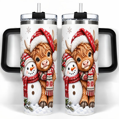 #pl[40oz|Black] Highland Cow Snowman 40oz Tumbler with Handle, Christmas Travel Cup