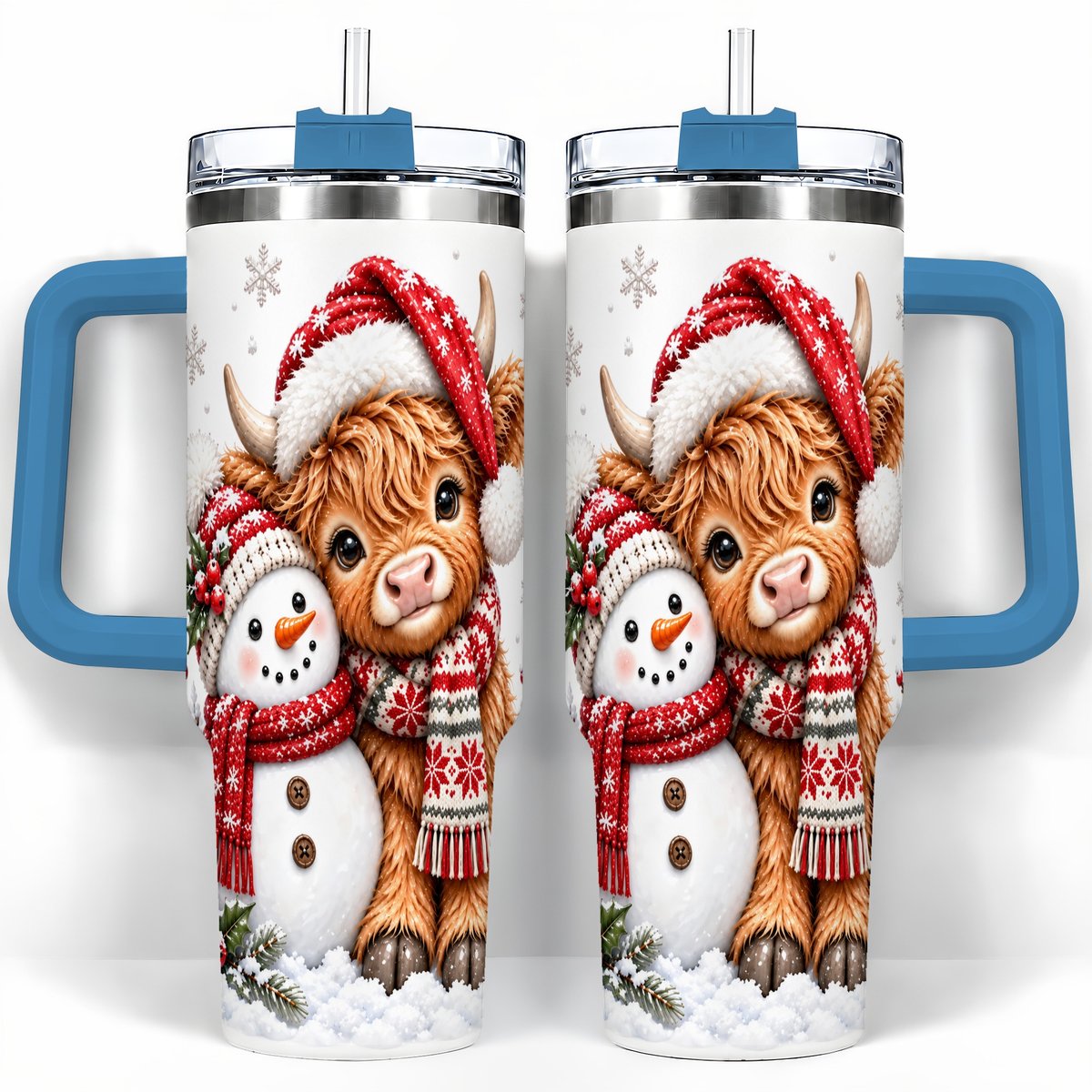 #pl[40oz|Blue] Highland Cow Snowman 40oz Tumbler with Handle, Christmas Travel Cup