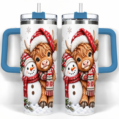 #pl[40oz|Blue] Highland Cow Snowman 40oz Tumbler with Handle, Christmas Travel Cup