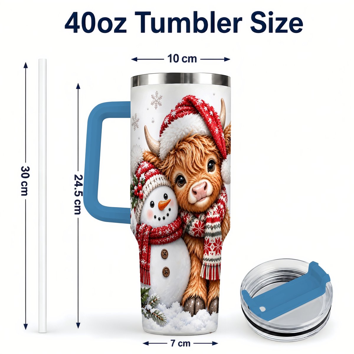 #pl[40oz|Blue] Highland Cow Snowman 40oz Tumbler with Handle, Christmas Travel Cup