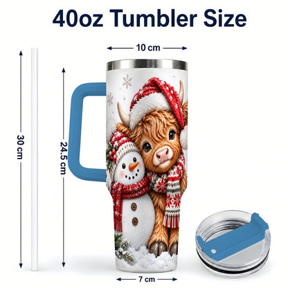 #pl[40oz|Blue] Highland Cow Snowman 40oz Tumbler with Handle, Christmas Travel Cup