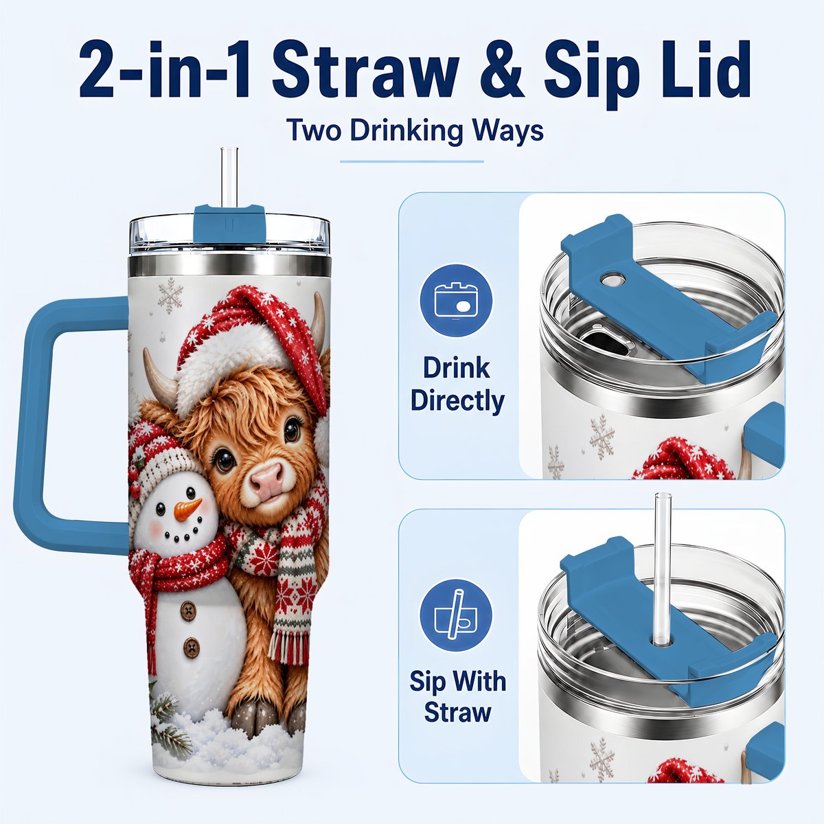 #pl[40oz|Blue] Highland Cow Snowman 40oz Tumbler with Handle, Christmas Travel Cup