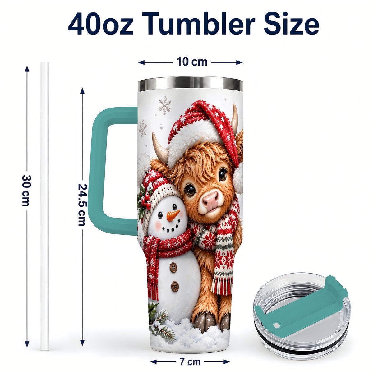 #pl[40oz|Green] Highland Cow Snowman 40oz Tumbler with Handle, Christmas Travel Cup