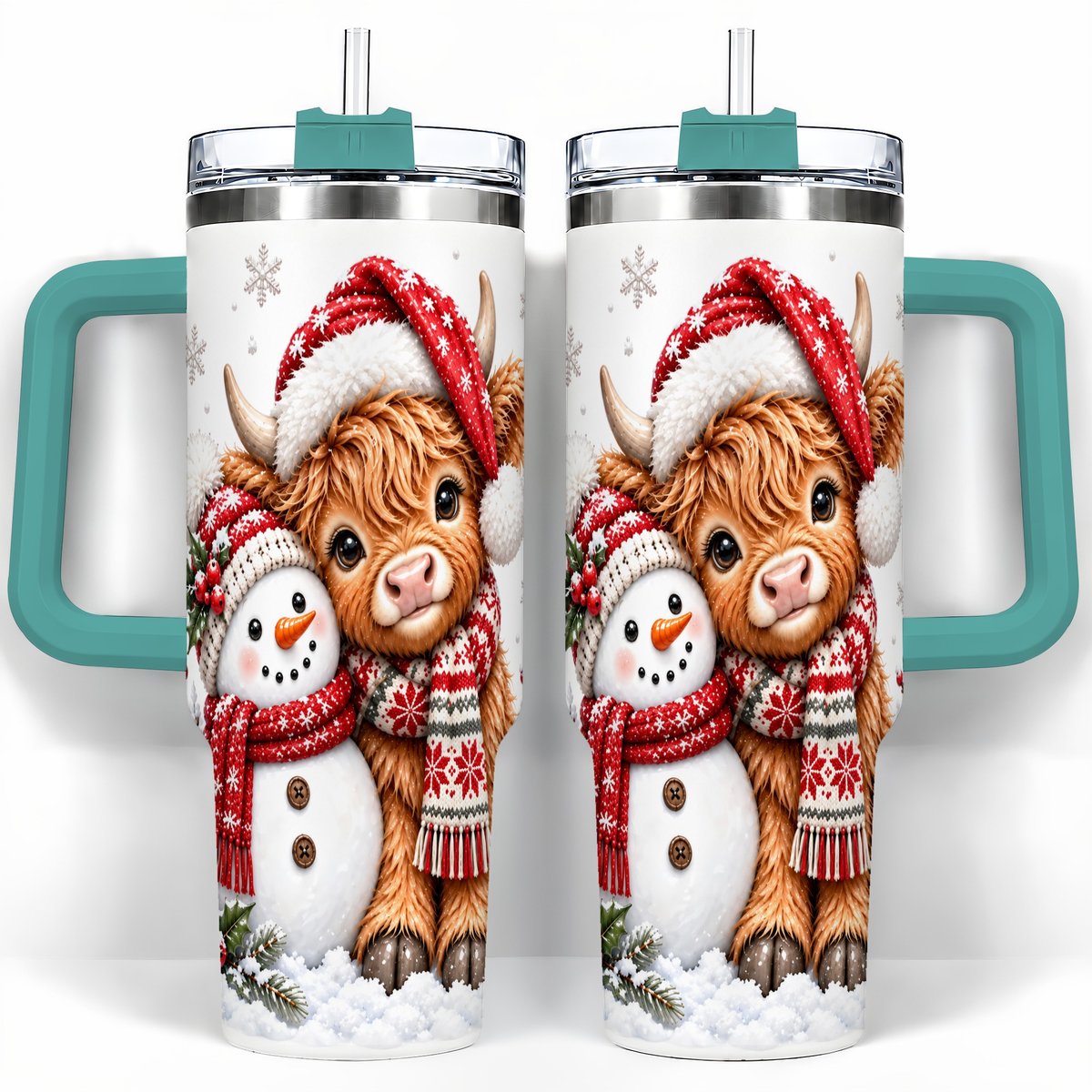 #pl[40oz|Green] Highland Cow Snowman 40oz Tumbler with Handle, Christmas Travel Cup