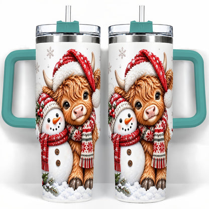 #pl[40oz|Green] Highland Cow Snowman 40oz Tumbler with Handle, Christmas Travel Cup