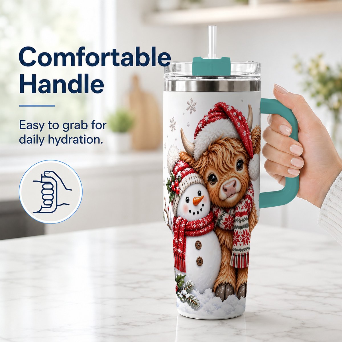 #pl[40oz|Green] Highland Cow Snowman 40oz Tumbler with Handle, Christmas Travel Cup