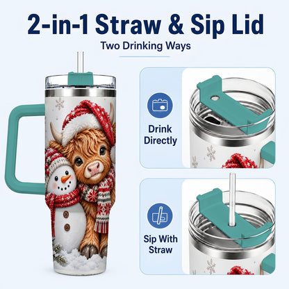 #pl[40oz|Green] Highland Cow Snowman 40oz Tumbler with Handle, Christmas Travel Cup