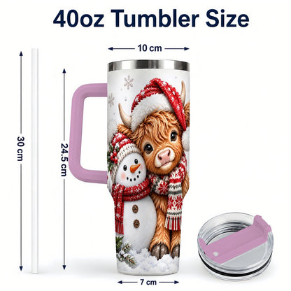 #pl[40oz|Pink] Highland Cow Snowman 40oz Tumbler with Handle, Christmas Travel Cup