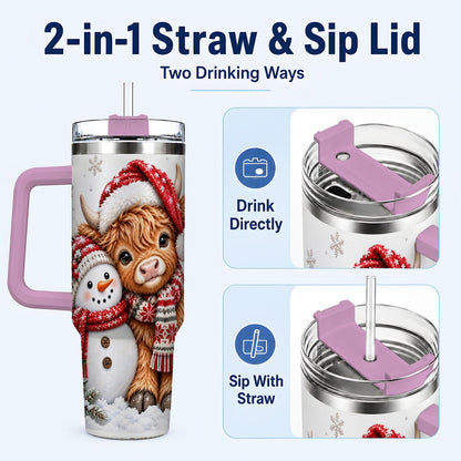 #pl[40oz|Pink] Highland Cow Snowman 40oz Tumbler with Handle, Christmas Travel Cup
