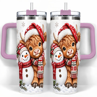 #pl[40oz|Pink] Highland Cow Snowman 40oz Tumbler with Handle, Christmas Travel Cup