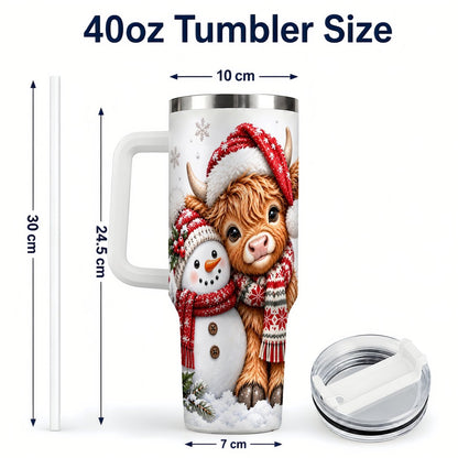 #pl[40oz|White] Highland Cow Snowman 40oz Tumbler with Handle, Christmas Travel Cup