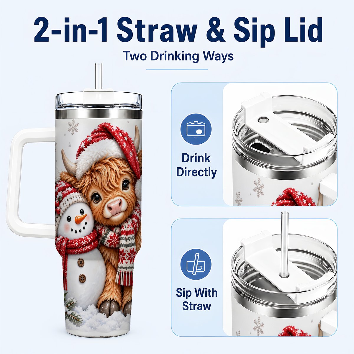 #pl[40oz|White] Highland Cow Snowman 40oz Tumbler with Handle, Christmas Travel Cup