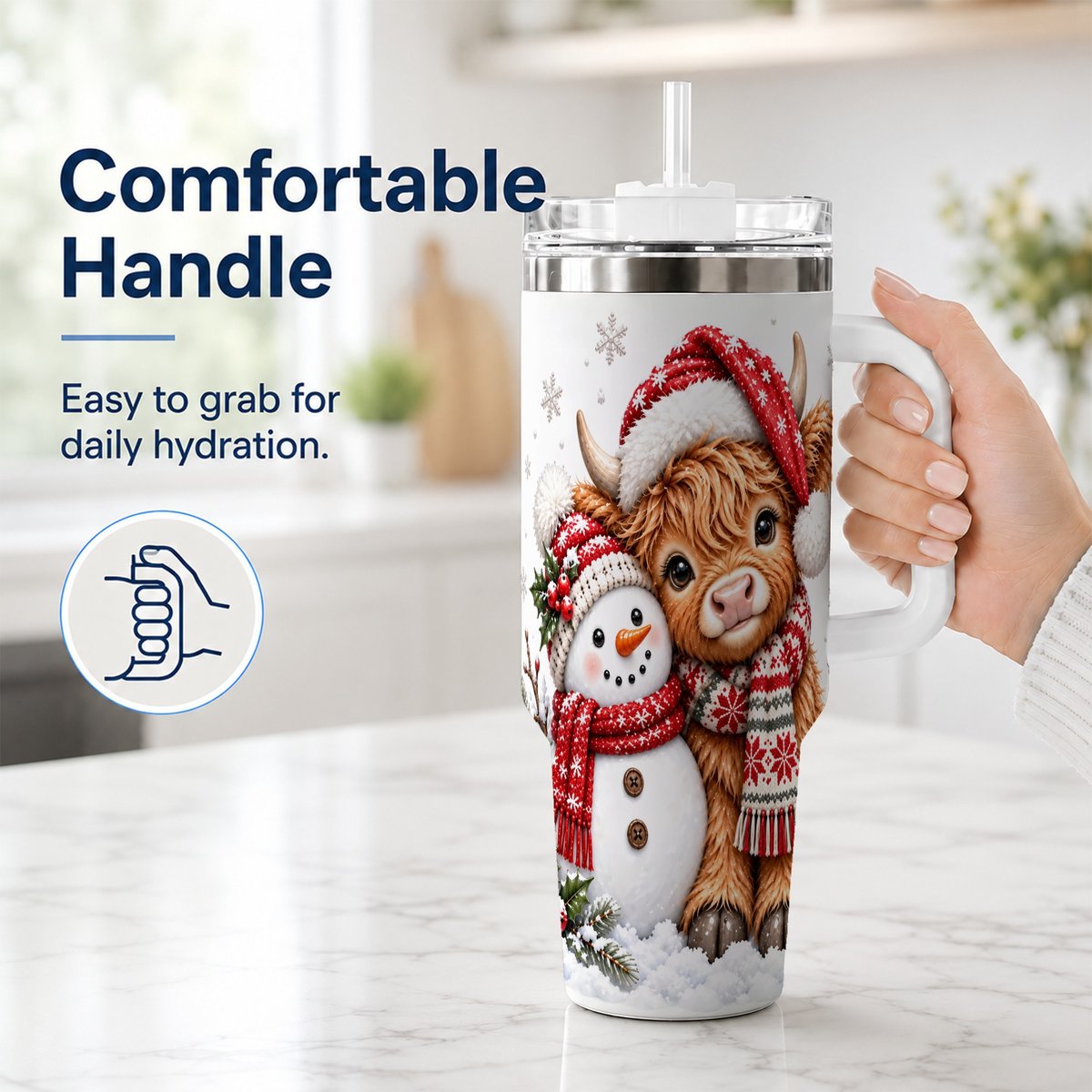 #pl[40oz|White] Highland Cow Snowman 40oz Tumbler with Handle, Christmas Travel Cup