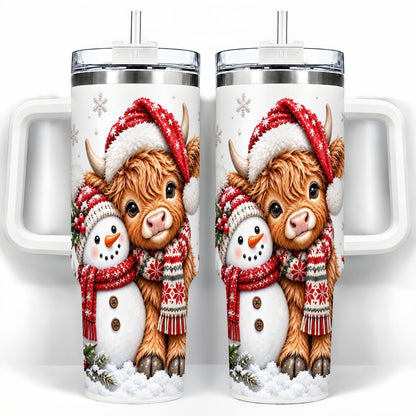 Highland Cow Snowman 40oz Tumbler with Handle, Christmas Travel Cup
