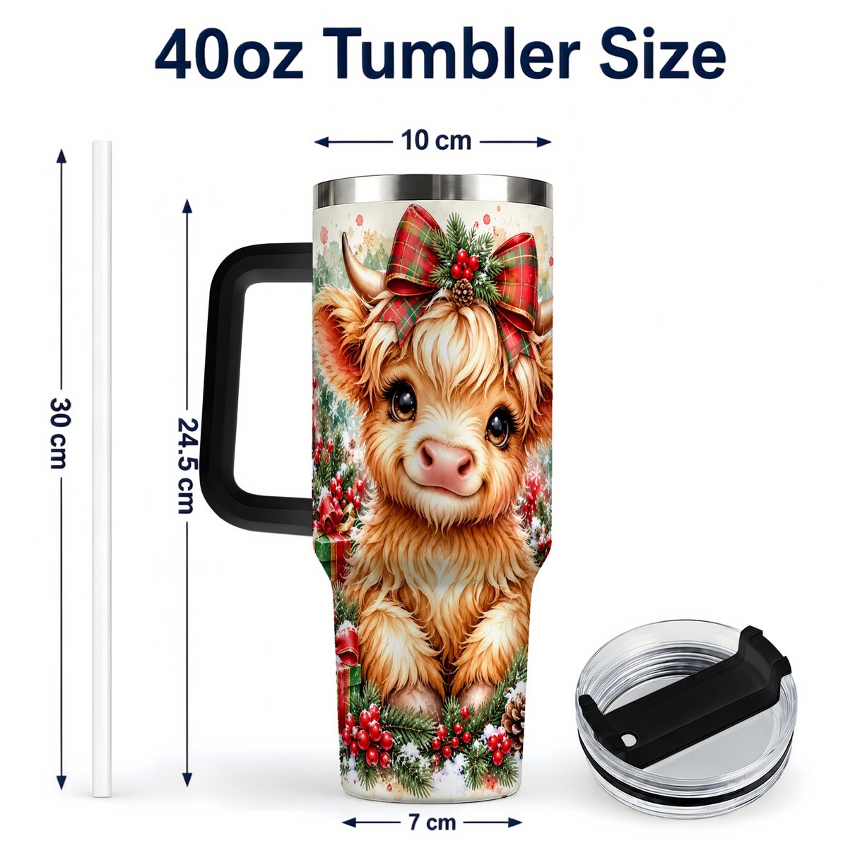 #pl[40oz|Black] Christmas Highland Cow 40oz Tumbler with Handle, Holiday Travel Cup