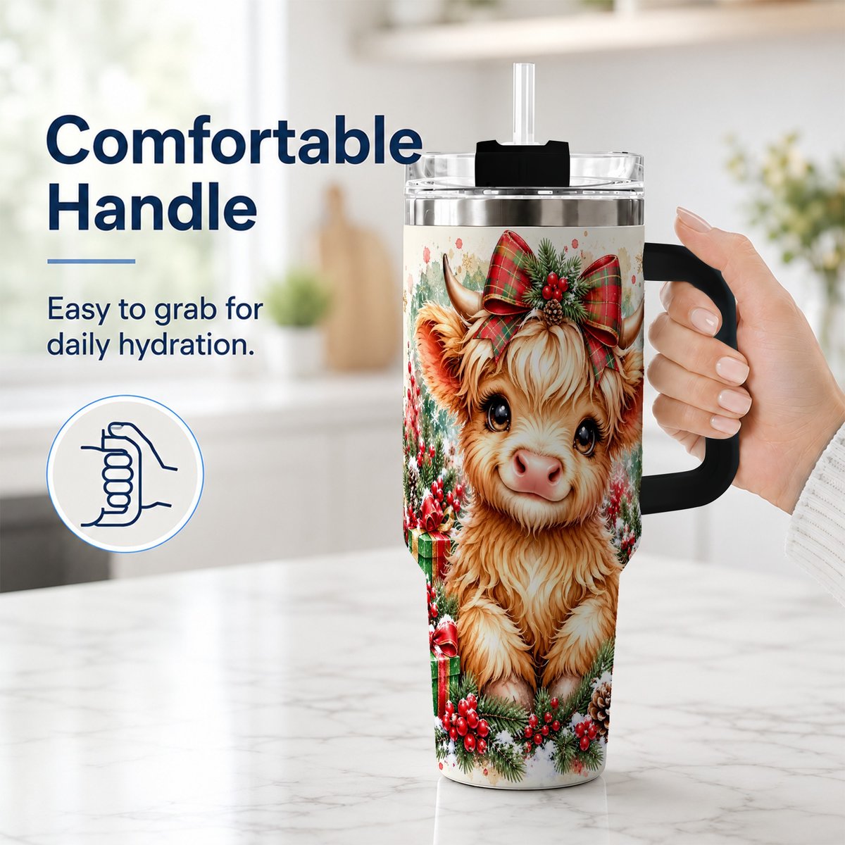 #pl[40oz|Black] Christmas Highland Cow 40oz Tumbler with Handle, Holiday Travel Cup