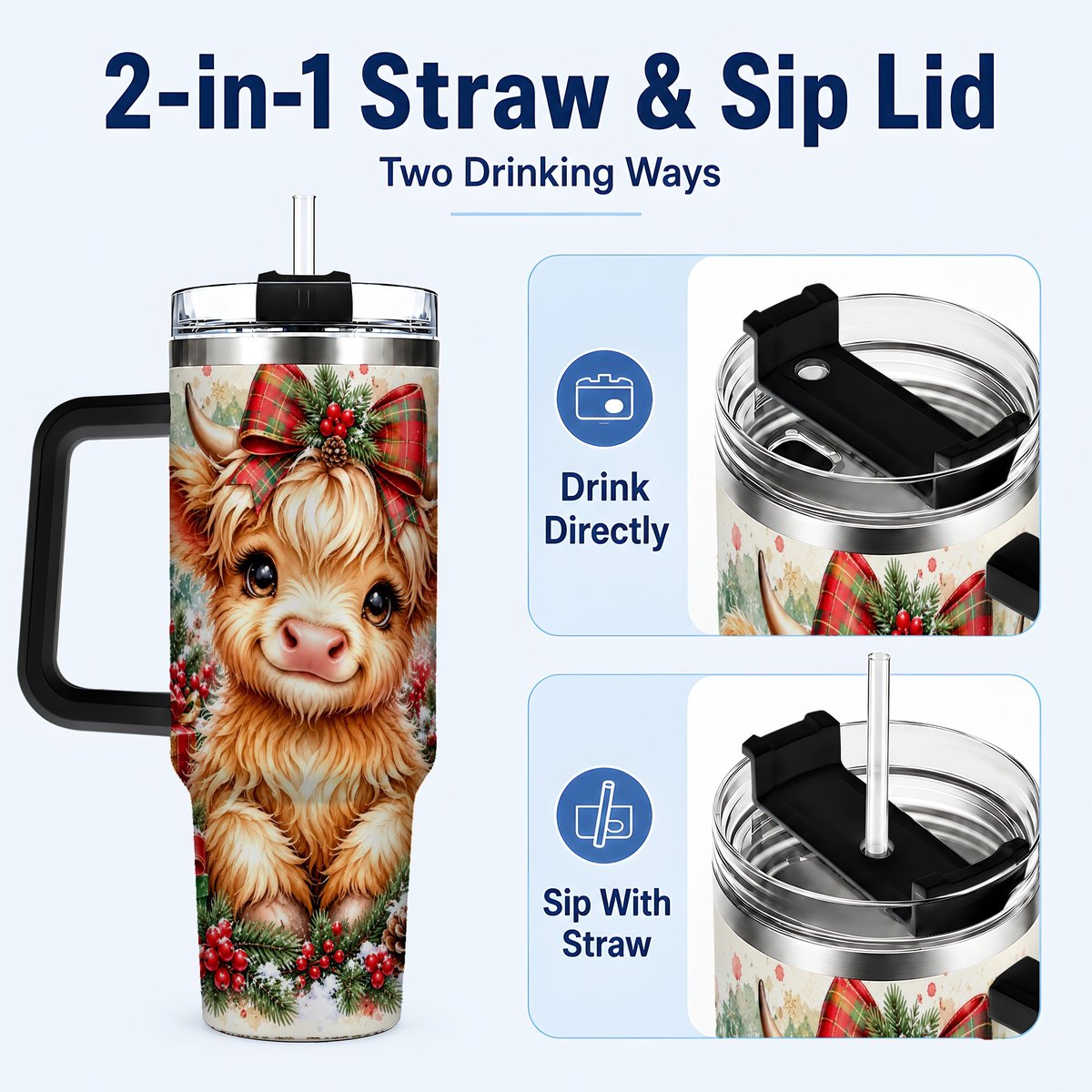 #pl[40oz|Black] Christmas Highland Cow 40oz Tumbler with Handle, Holiday Travel Cup