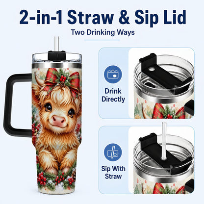 #pl[40oz|Black] Christmas Highland Cow 40oz Tumbler with Handle, Holiday Travel Cup