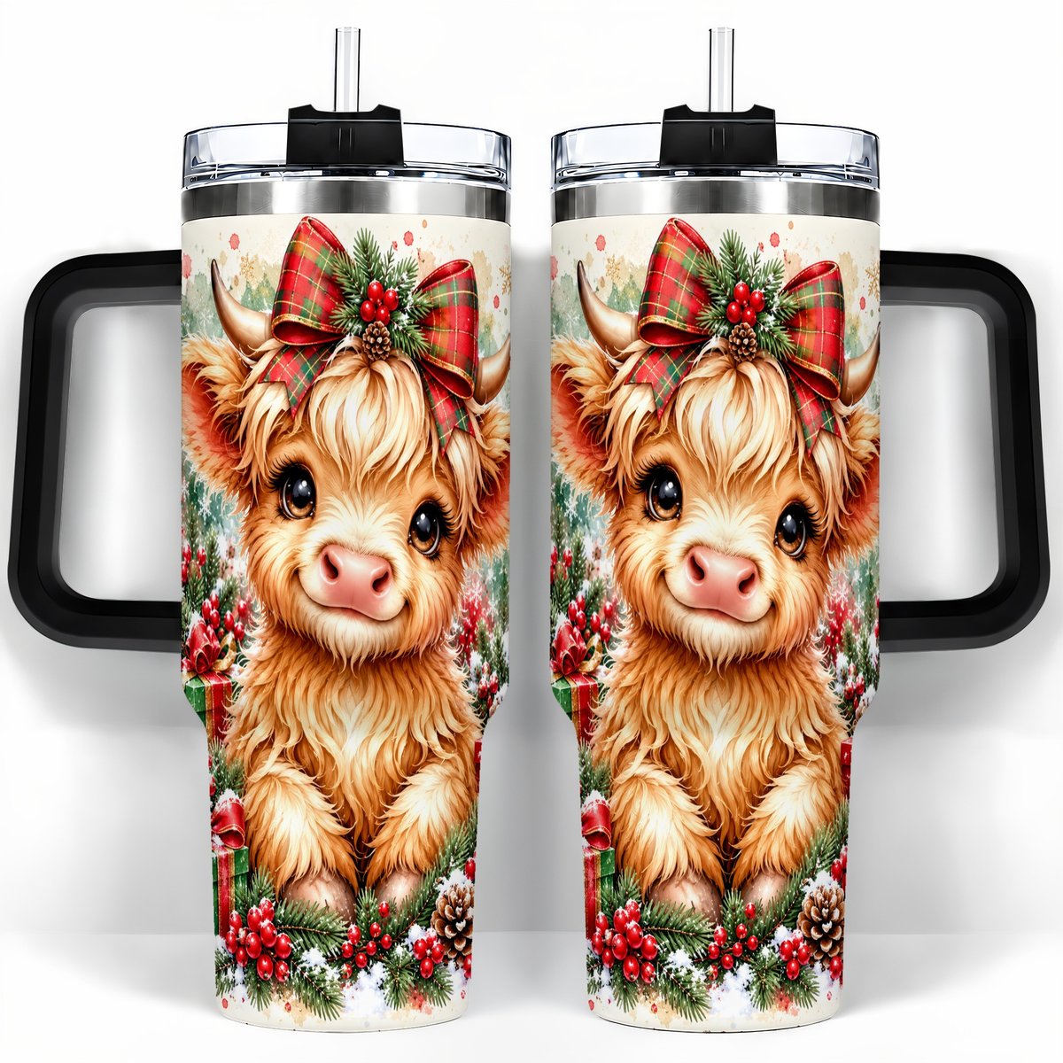 #pl[40oz|Black] Christmas Highland Cow 40oz Tumbler with Handle, Holiday Travel Cup