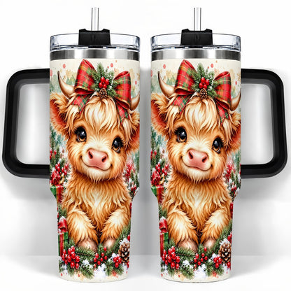 #pl[40oz|Black] Christmas Highland Cow 40oz Tumbler with Handle, Holiday Travel Cup