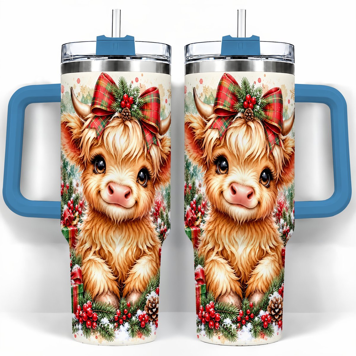 #pl[40oz|Blue] Christmas Highland Cow 40oz Tumbler with Handle, Holiday Travel Cup