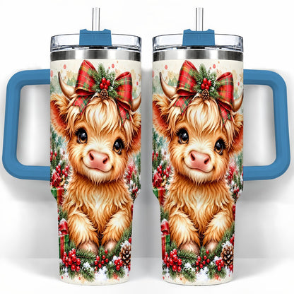 #pl[40oz|Blue] Christmas Highland Cow 40oz Tumbler with Handle, Holiday Travel Cup