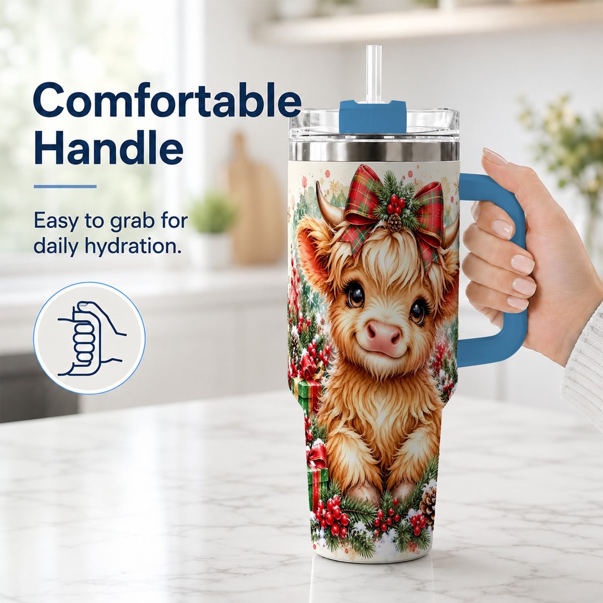 #pl[40oz|Blue] Christmas Highland Cow 40oz Tumbler with Handle, Holiday Travel Cup