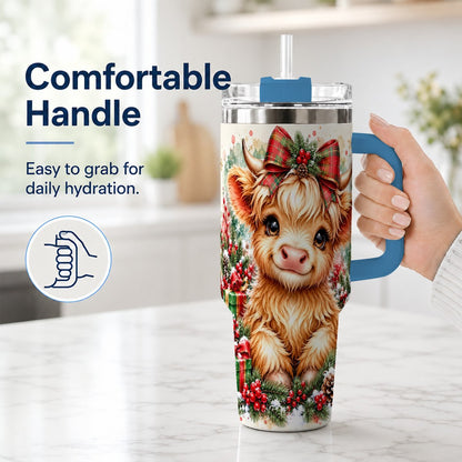 #pl[40oz|Blue] Christmas Highland Cow 40oz Tumbler with Handle, Holiday Travel Cup